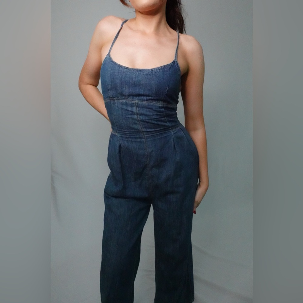 Washed Out Denim Cross Back Jumpsuit